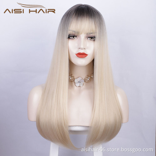 Aisi Hair Wholesale Cheap Vendor Long Natural Straight Wave Ombre Blonde Wig With Bangs For Black Women Synthetic Hair Wigs